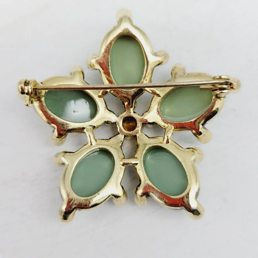 Green Cabochon Rhinestone Brooch Flower Gold Tone 1 3/4